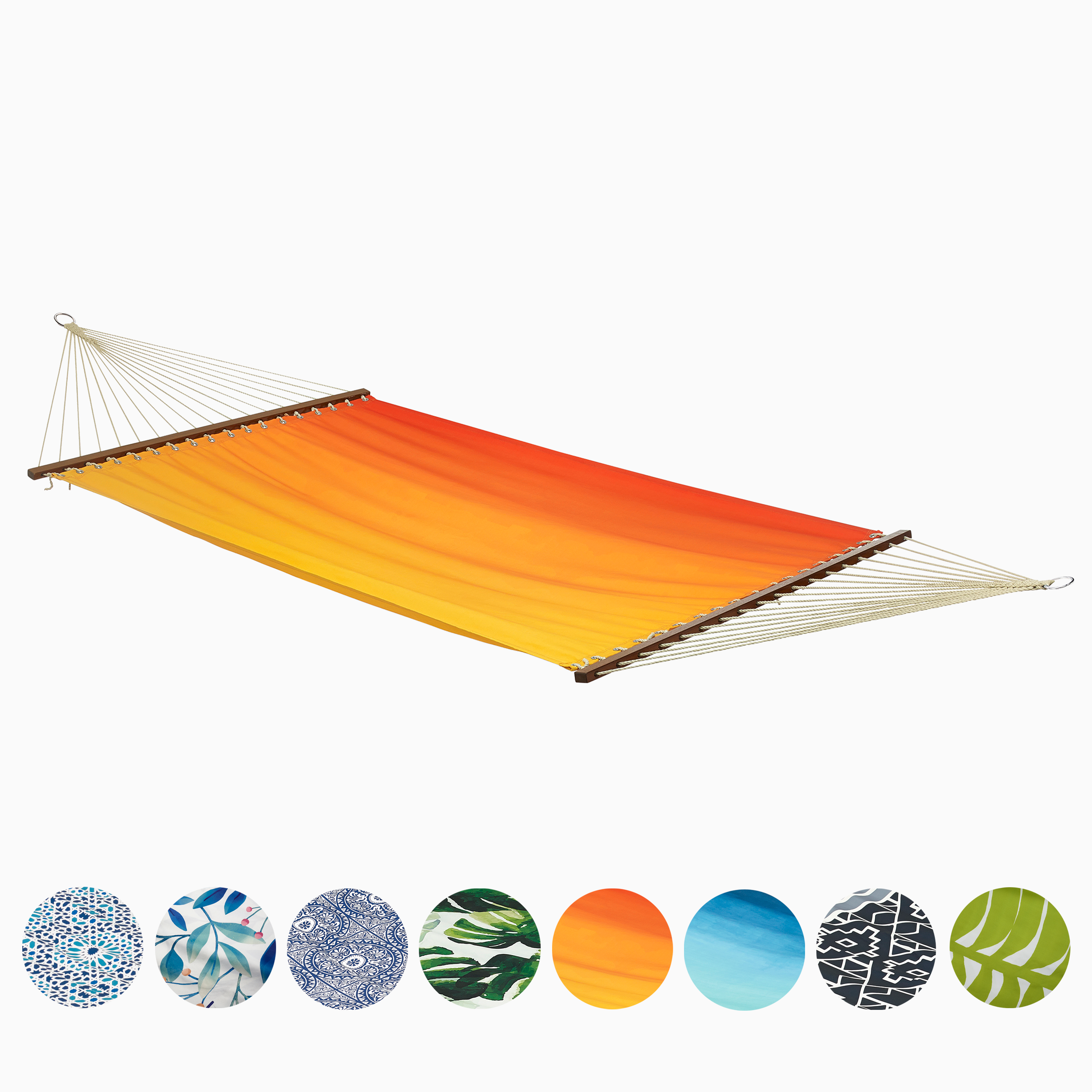 Full view of sunset ombre hammock above a row of color and pattern swatches